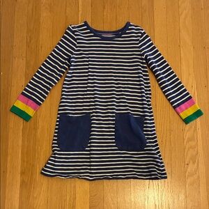 Mini Boden Navy & White Striped Dress with Pink, Yellow & Green Cuffs